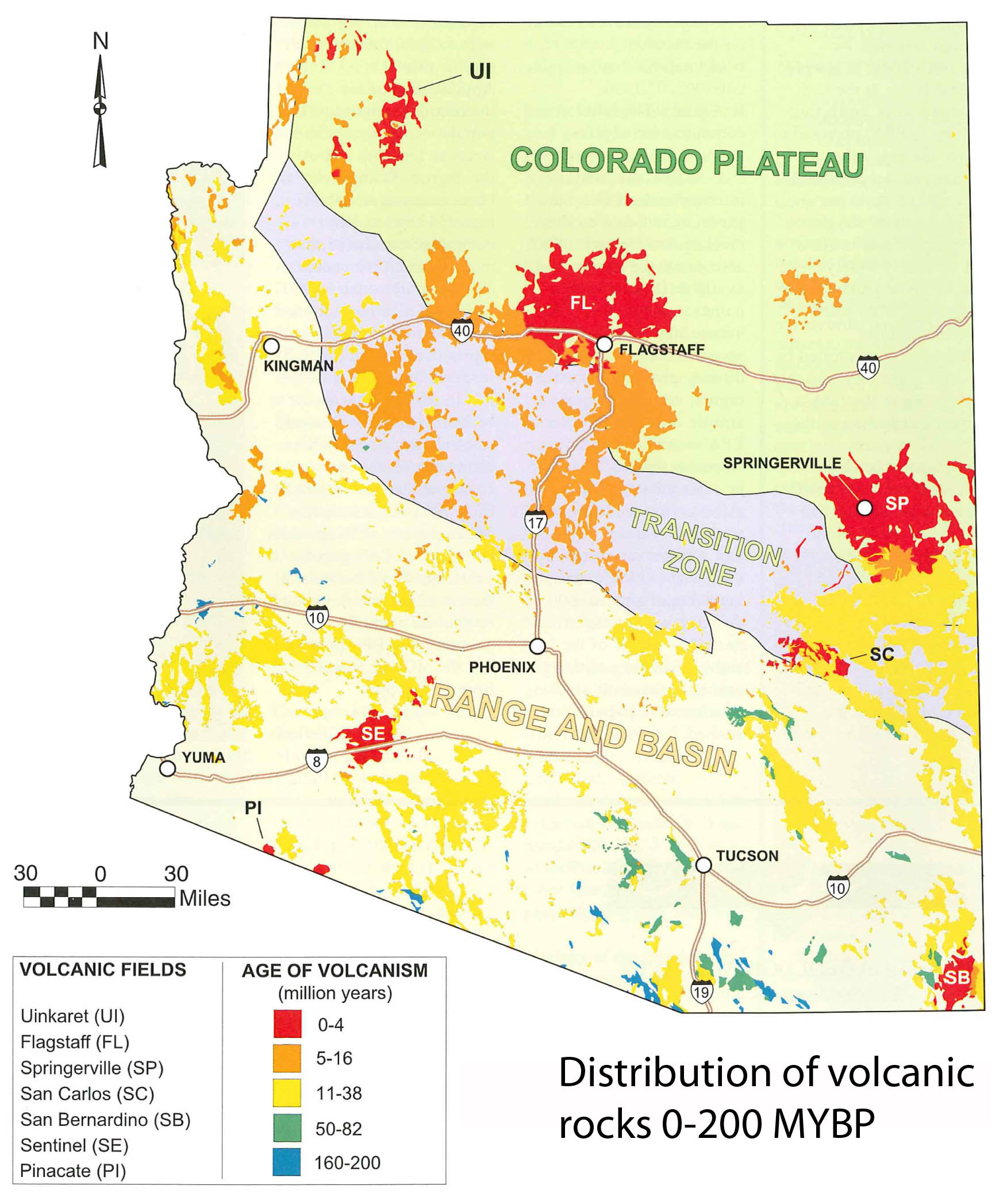 Distribution of volcanic rocks in Arizona 0 to 200 MYBP
